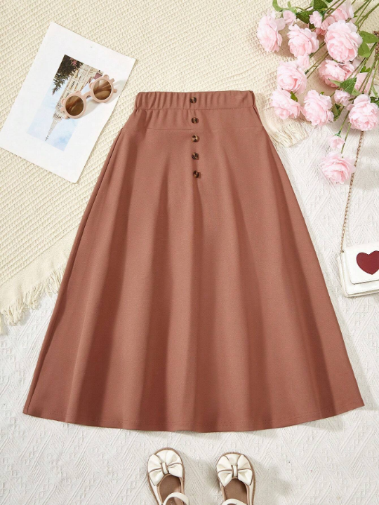 Girls' Elastic Waist A-Line Skirt With Decorative Buttons, For Tween Girls