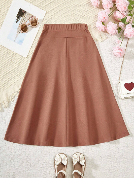 Girls' Elastic Waist A-Line Skirt With Decorative Buttons, For Tween Girls