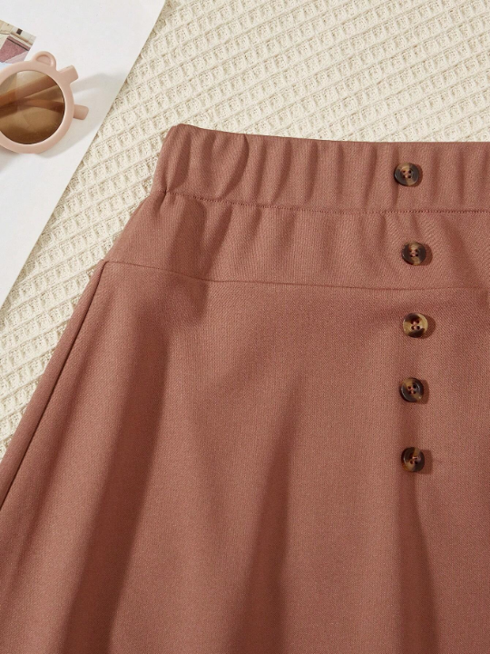 Girls' Elastic Waist A-Line Skirt With Decorative Buttons, For Tween Girls