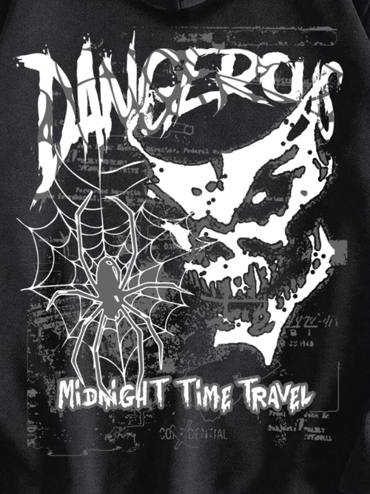 ROMWE Grunge Punk Men's Spider & Letter Print Solid Color Hoodie With Fleece Lining