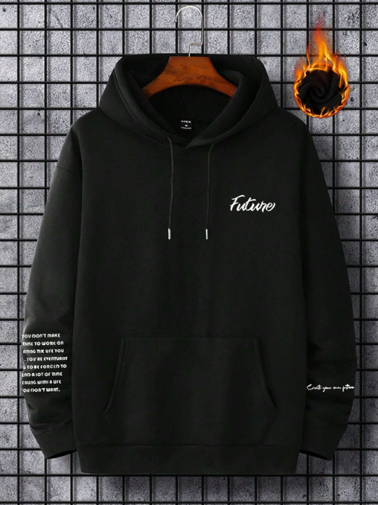 Manfinity Hypemode Men's Thermal Lined Hoodie Sweatshirt With Drawstring & Letter Printing
