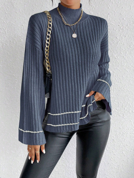 Essnce Color Block Striped Stand Collar Drop Shoulder Sweater