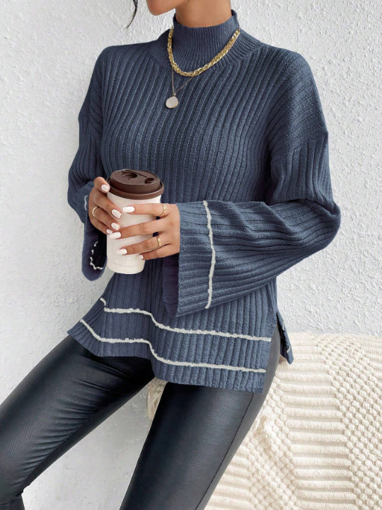 Essnce Color Block Striped Stand Collar Drop Shoulder Sweater