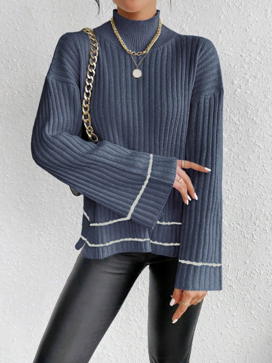 Essnce Color Block Striped Stand Collar Drop Shoulder Sweater