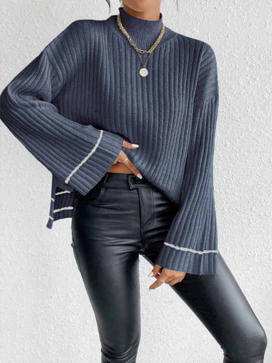 Essnce Color Block Striped Stand Collar Drop Shoulder Sweater