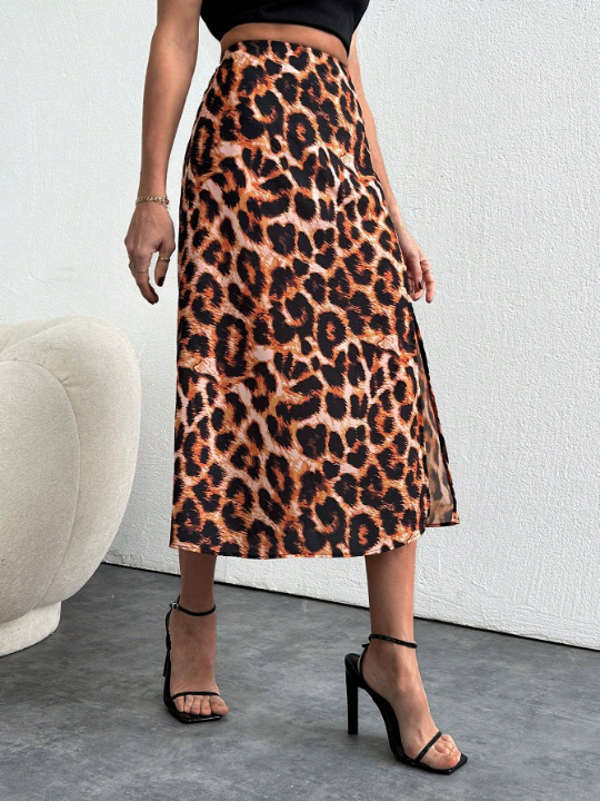 Frenchy Leopard Print High Split Skirt