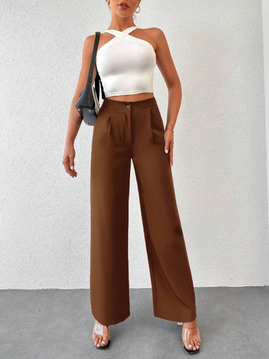 Plicated Detail Wide Leg Pants