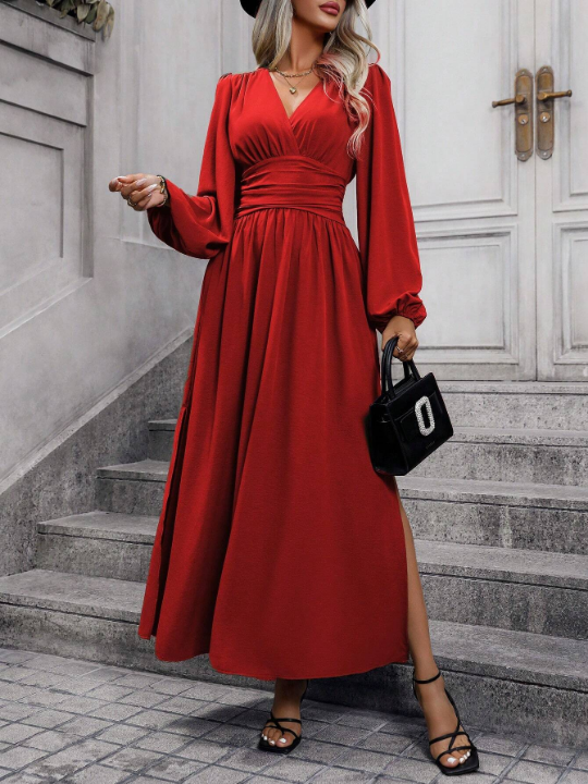 Women's Lantern Sleeve High Slit Dress