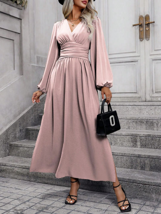 Deep V-Neck Lantern Sleeve High-Slit Hem Dress