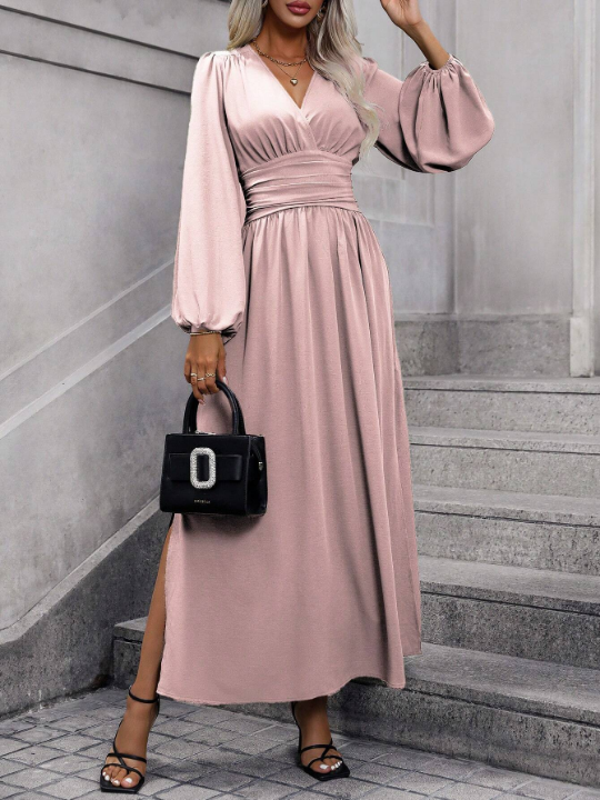 Deep V-Neck Lantern Sleeve High-Slit Hem Dress