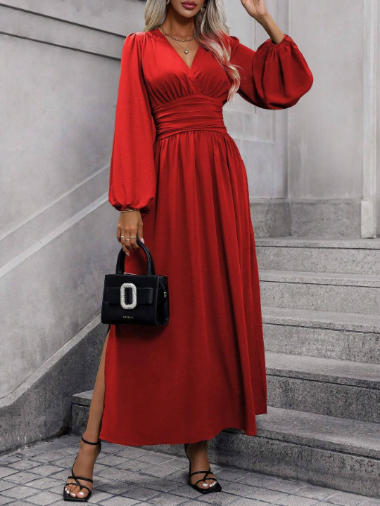 Women's Lantern Sleeve High Slit Dress