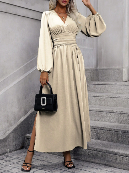 Women's Solid Color Lantern Sleeve Side Slit Dress