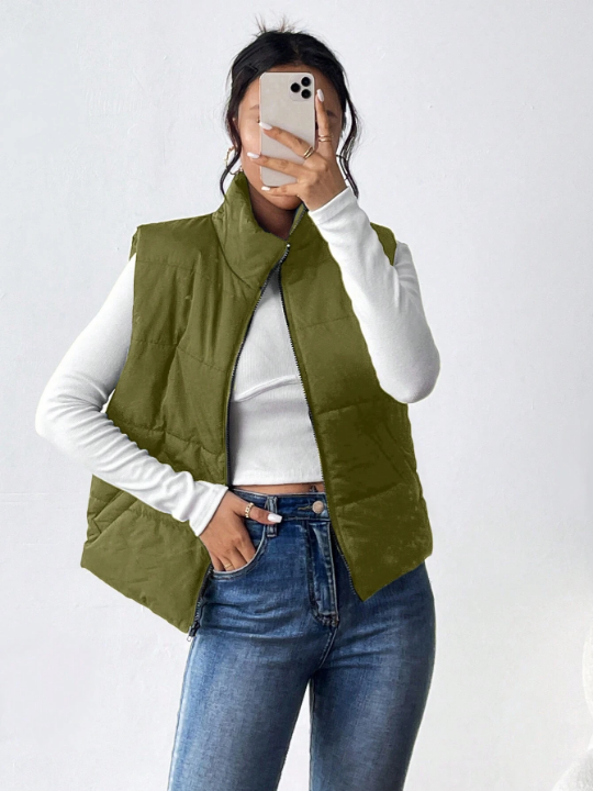 Essnce Solid Color Zipper Front Puffer Vest Coat