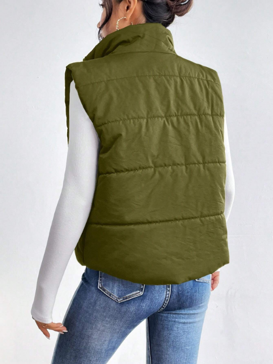 Essnce Solid Color Zipper Front Puffer Vest Coat