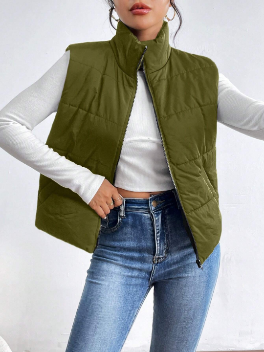 Essnce Solid Color Zipper Front Puffer Vest Coat