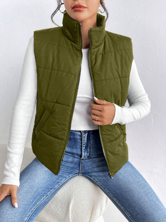 Essnce Solid Color Zipper Front Puffer Vest Coat