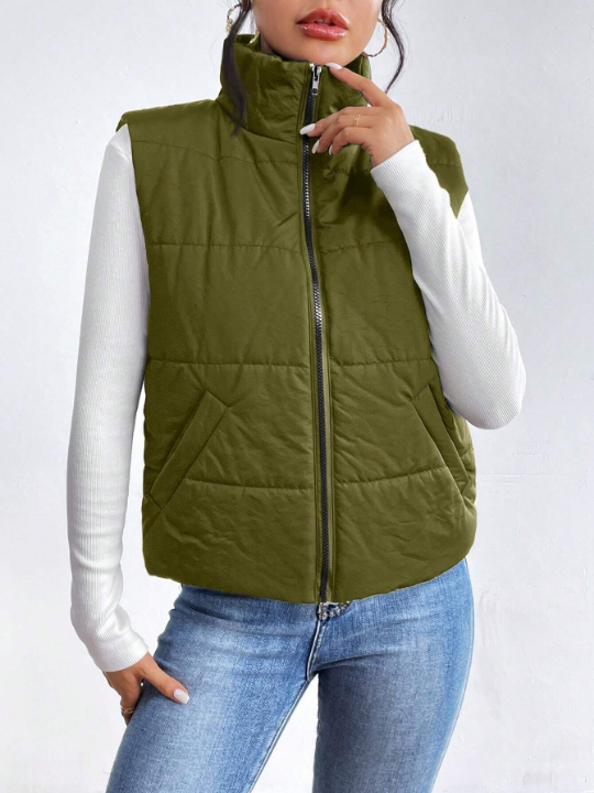 Essnce Solid Color Zipper Front Puffer Vest Coat