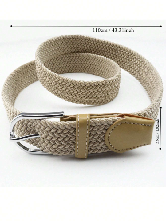 1pc Men's Elastic Weave Stretch Belt With Buckle Closure, Simple & Versatile, Suitable For Everyday Use, 110cm, Beige