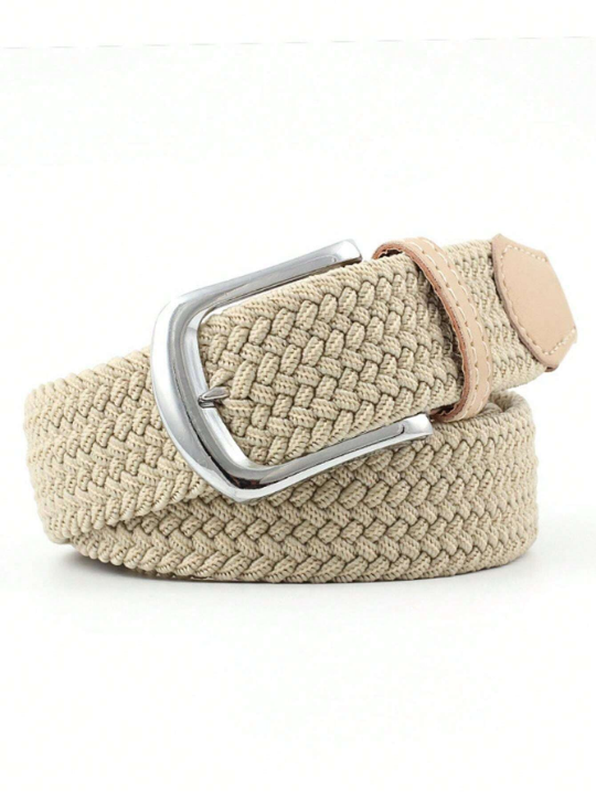 1pc Men's Elastic Weave Stretch Belt With Buckle Closure, Simple & Versatile, Suitable For Everyday Use, 110cm, Beige