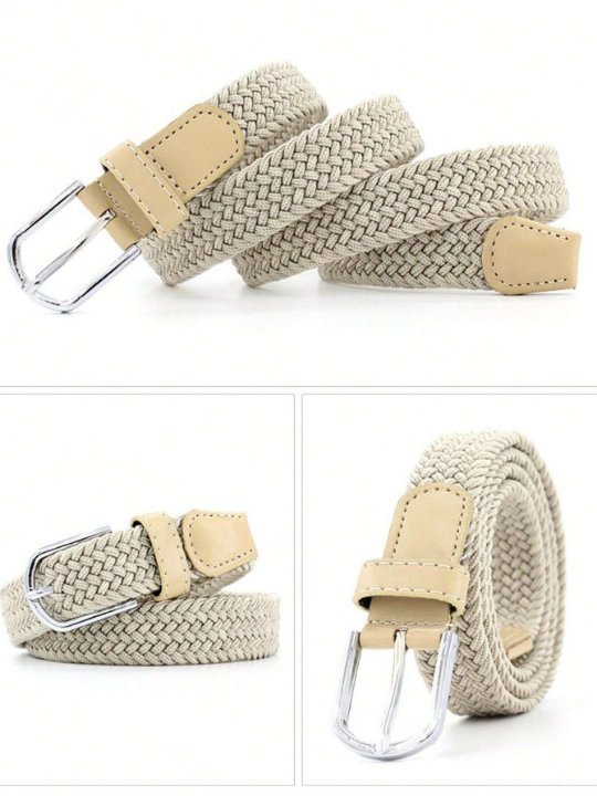 1pc Men's Elastic Weave Stretch Belt With Buckle Closure, Simple & Versatile, Suitable For Everyday Use, 110cm, Beige