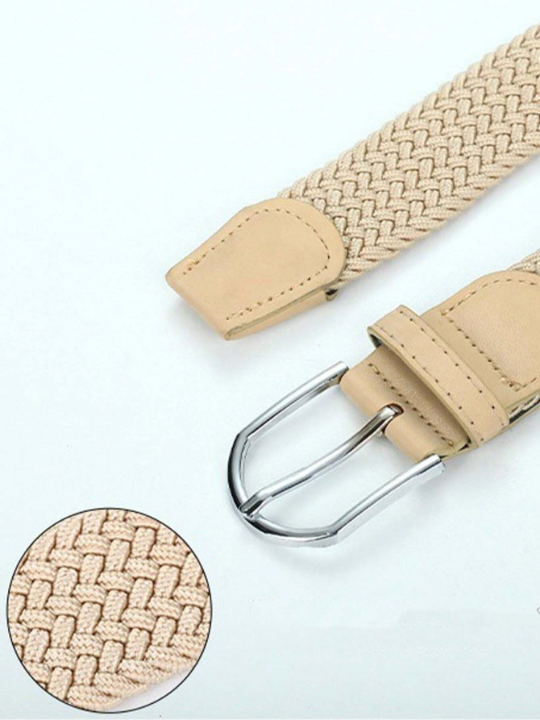 1pc Men's Elastic Weave Stretch Belt With Buckle Closure, Simple & Versatile, Suitable For Everyday Use, 110cm, Beige