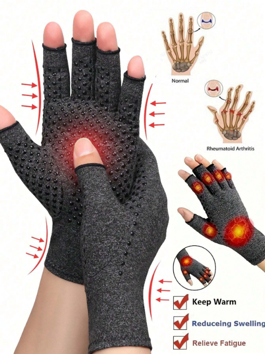 1 Pair Unisex Arthritis Gloves Grey Fingerless Gloves Warm Elastic Knit Gloves For Women & Men