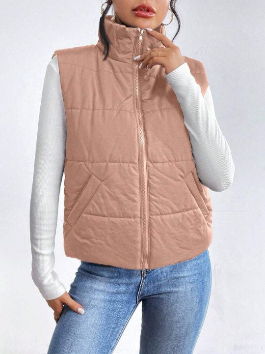 Essnce Women's Zipper Front Vest Padded Jacket With Stand Collar