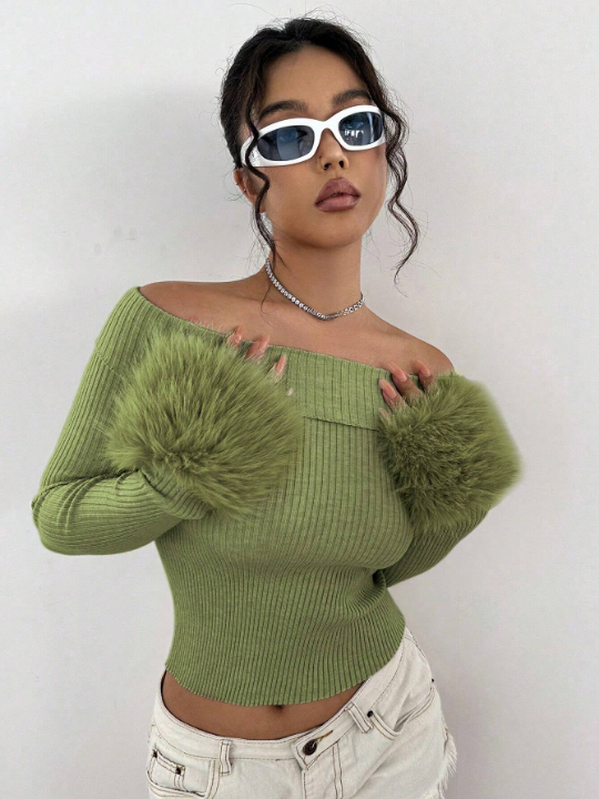 ICON Fuzzy Off-The-Shoulder Cropped Sweater With Flare Sleeves