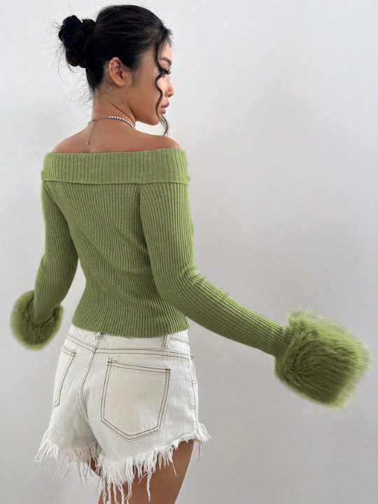 ICON Fuzzy Off-The-Shoulder Cropped Sweater With Flare Sleeves