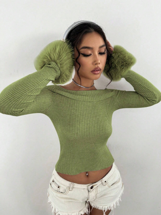 ICON Fuzzy Off-The-Shoulder Cropped Sweater With Flare Sleeves