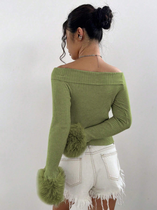 ICON Fuzzy Off-The-Shoulder Cropped Sweater With Flare Sleeves