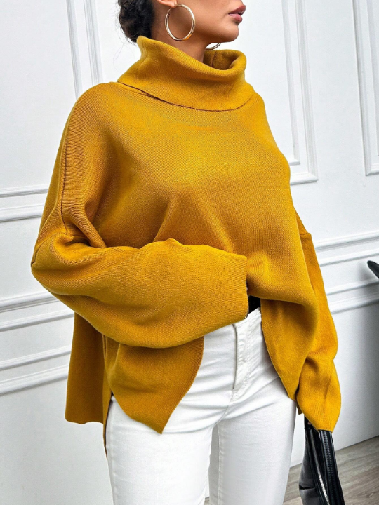 Women's Solid Color Turtleneck Batwing Sleeve Sweater With Side Slits