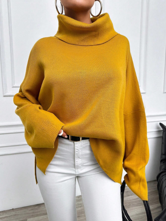 Women's Solid Color Turtleneck Batwing Sleeve Sweater With Side Slits