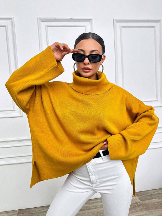 Women's Solid Color Turtleneck Batwing Sleeve Sweater With Side Slits