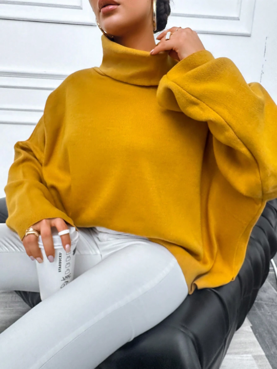 Women's Solid Color Turtleneck Batwing Sleeve Sweater With Side Slits