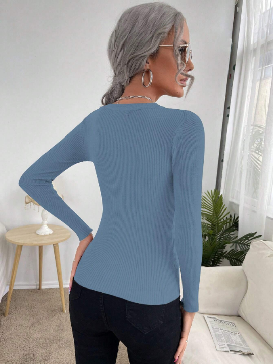 Frenchy Solid Color Ribbed Knit Slim Fit Sweater With Round Neck