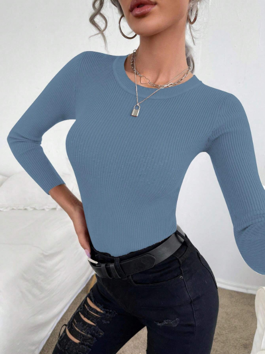 Frenchy Solid Color Ribbed Knit Slim Fit Sweater With Round Neck