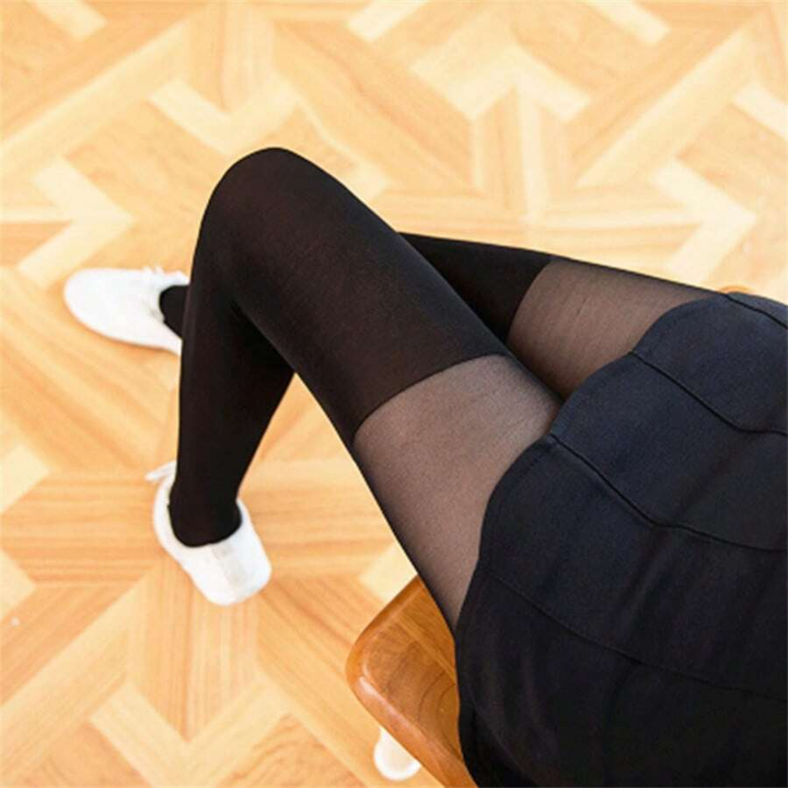 Women's Trendy Over-Skin-Under-Black Velvet Faux Thigh High Tights With Splicing Princss Style Knee-High Stockings, Slimming Effect