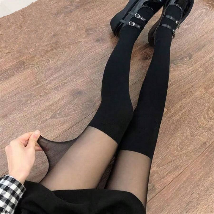 Women's Trendy Over-Skin-Under-Black Velvet Faux Thigh High Tights With Splicing Princss Style Knee-High Stockings, Slimming Effect