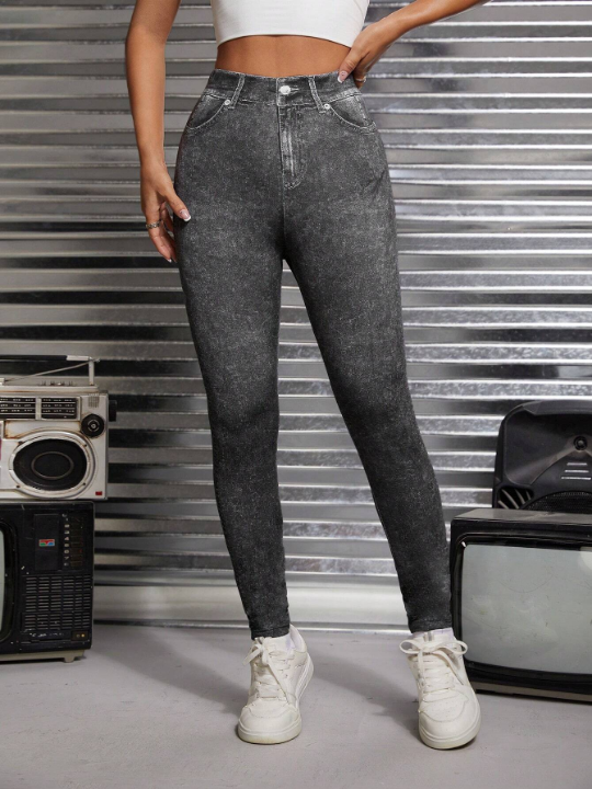 PETITE High Waist Knitted Elastic Printed Skinny Jeans