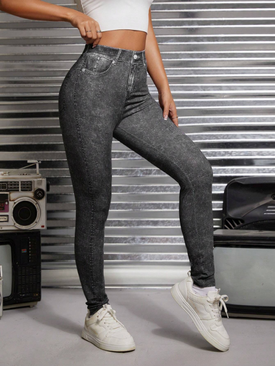 PETITE High Waist Knitted Elastic Printed Skinny Jeans