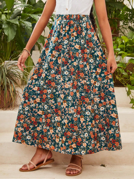 Tween Girls' Casual Floral Print Skirt For Vacation