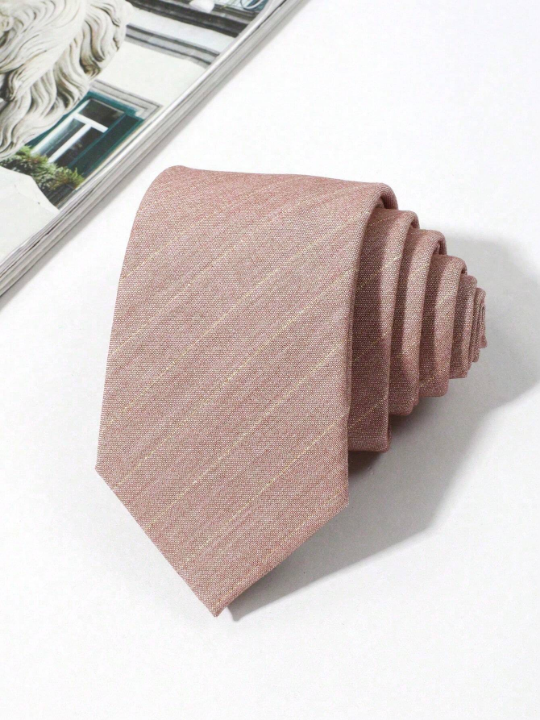 1pc Men's Pink Suit Fabric Tie With Gold Stripe, Suitable For Business, Daily Wear And Gift