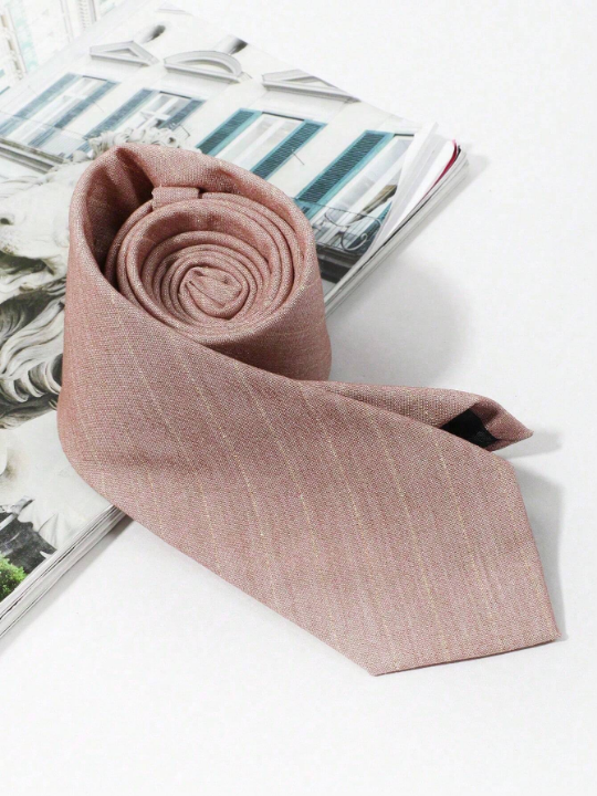 1pc Men's Pink Suit Fabric Tie With Gold Stripe, Suitable For Business, Daily Wear And Gift