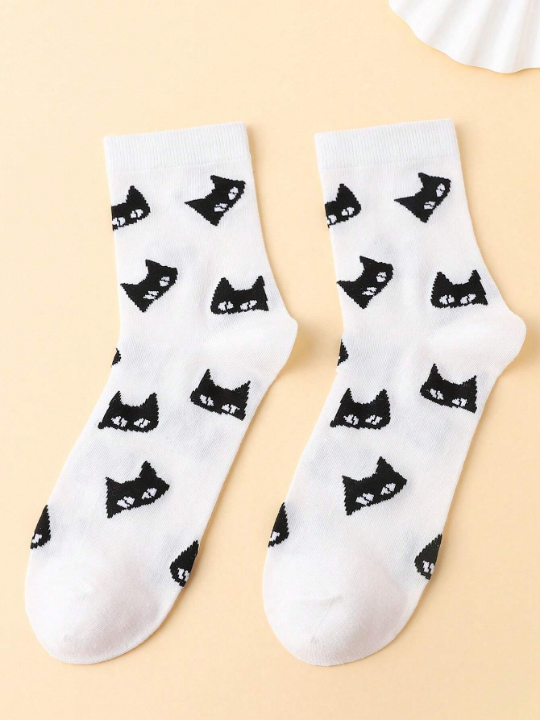 Cherbear Studio Fashionable Mid-Calf Socks With Black Cat Pattern