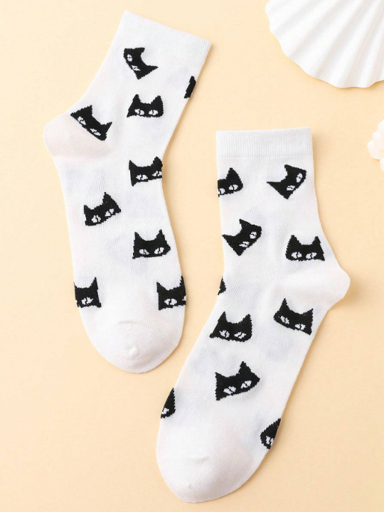 Cherbear Studio Fashionable Mid-Calf Socks With Black Cat Pattern