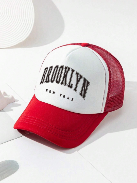 1pc Unisex Red Brooklyn Letter Print Breathable Adjustable Size Mesh Baseball Cap Trucker Hat For Outdoor And Casual Wear