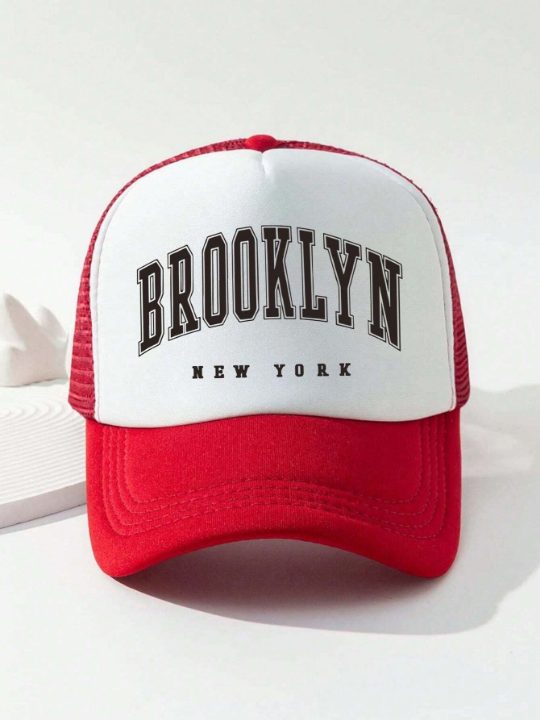 1pc Unisex Red Brooklyn Letter Print Breathable Adjustable Size Mesh Baseball Cap Trucker Hat For Outdoor And Casual Wear