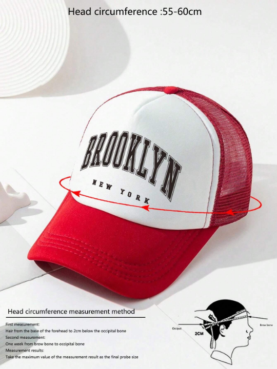 1pc Unisex Red Brooklyn Letter Print Breathable Adjustable Size Mesh Baseball Cap Trucker Hat For Outdoor And Casual Wear