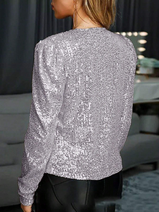 Sparkling & Elegant Ladies' Open Front Jacket With Shiny Glitter Details